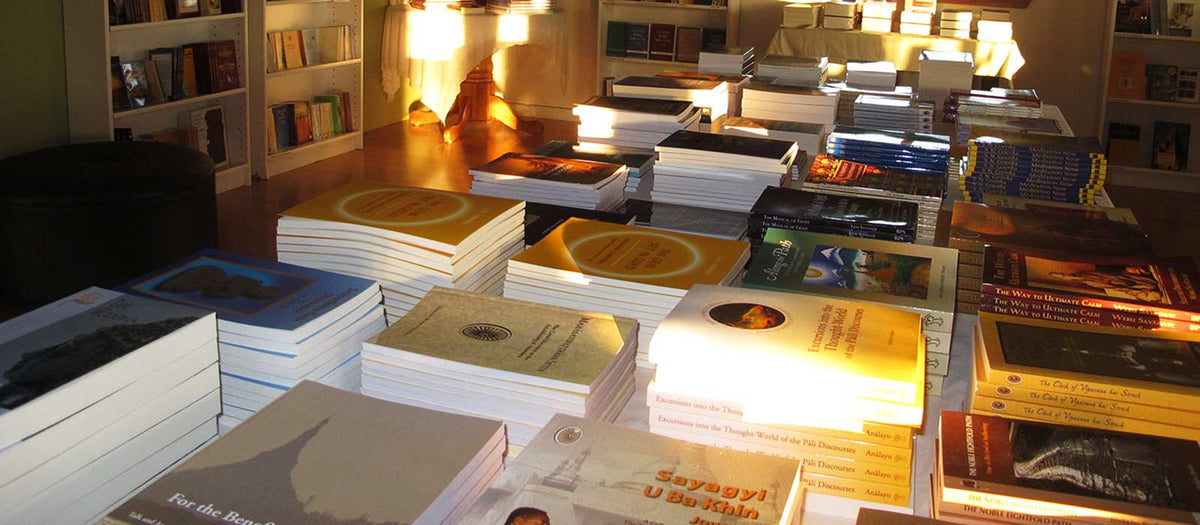 Shelves of Dhamma books in the Pariyatti bookstore